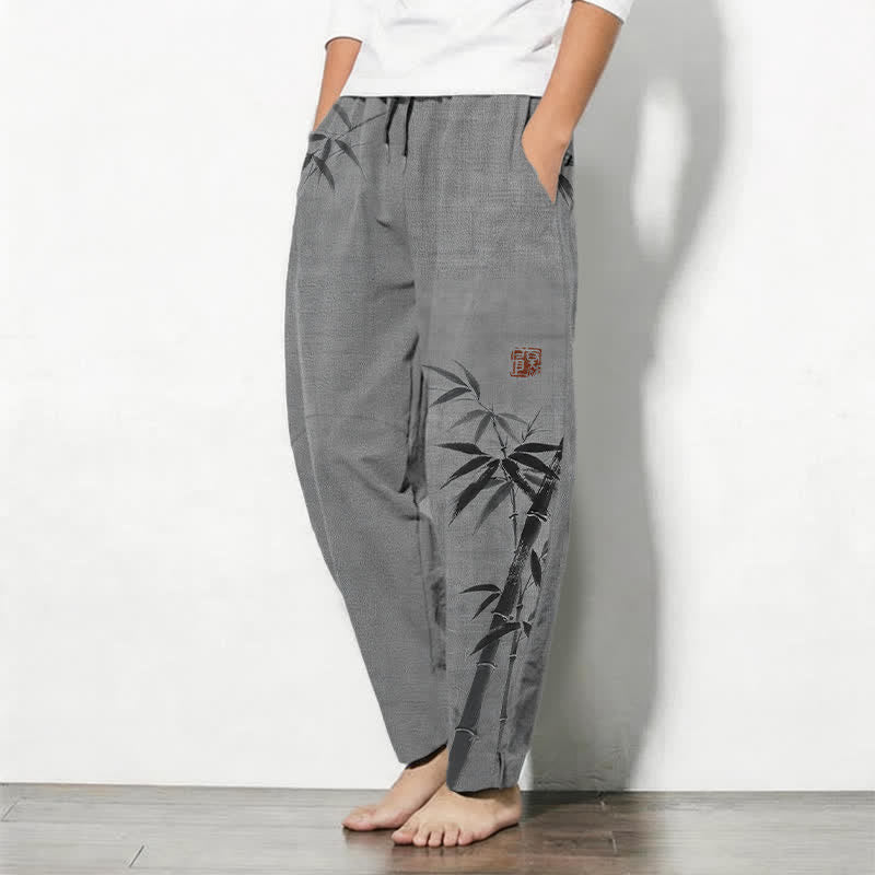 Buddha Stones Pantalon fuselé pour homme en pur coton, motif bambou, cordon de serrage et poches - image 1