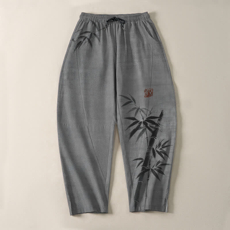 Buddha Stones Pantalon fuselé pour homme en pur coton, motif bambou, cordon de serrage et poches - image 2