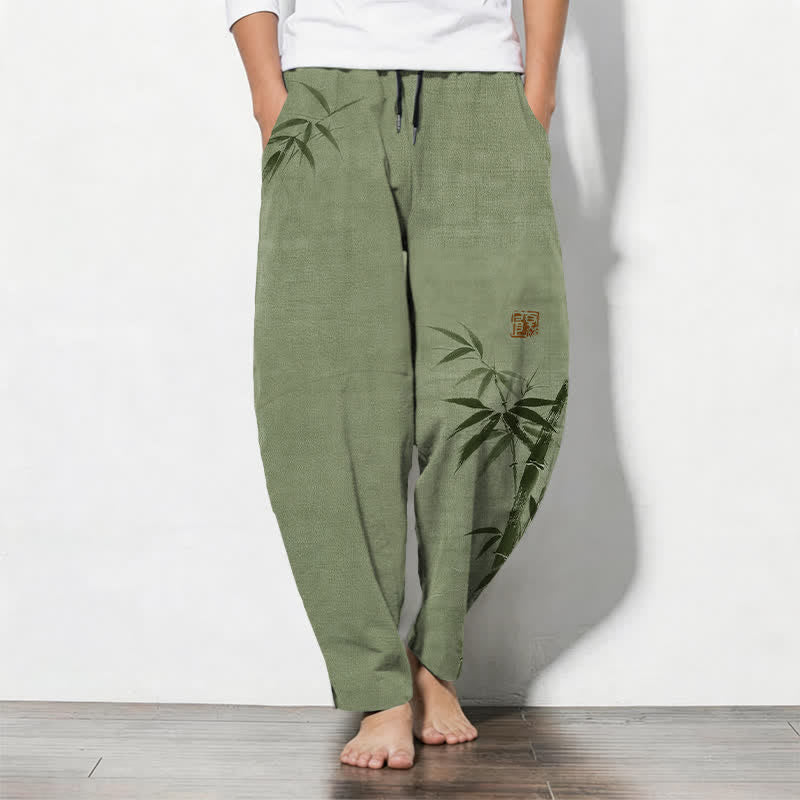 Buddha Stones Pantalon fuselé pour homme en pur coton, motif bambou, cordon de serrage et poches - Vert olive - US/UK/AU50，EU60 (5XL) - image 7