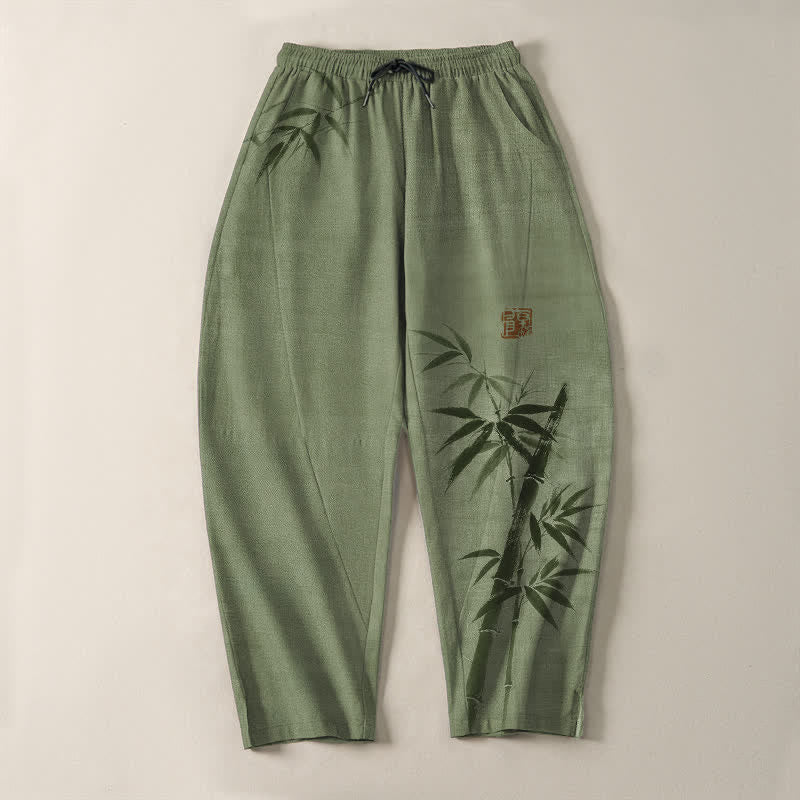 Buddha Stones Pantalon fuselé pour homme en pur coton, motif bambou, cordon de serrage et poches - image 9