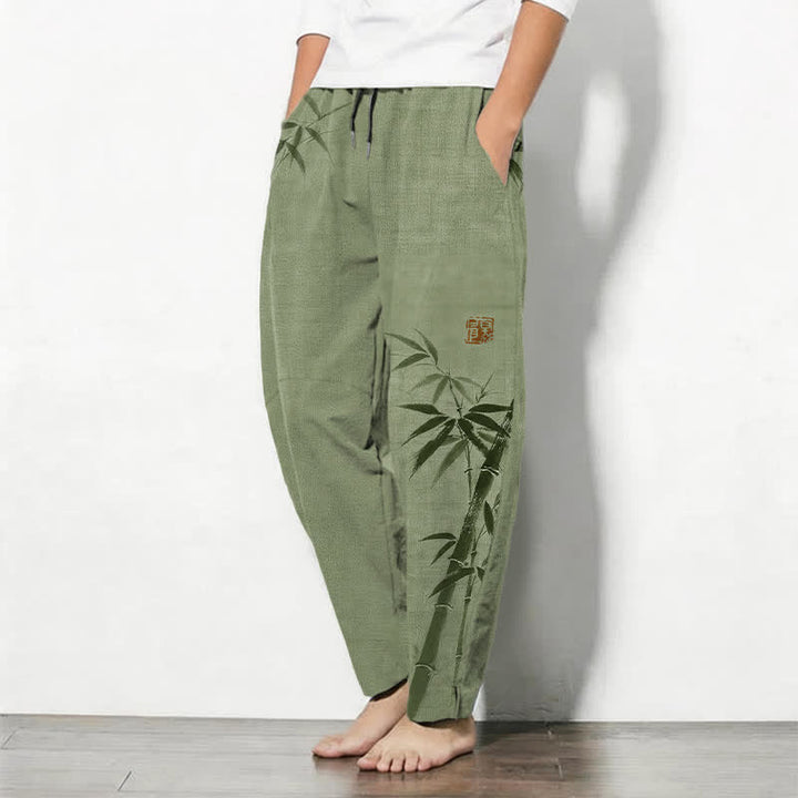 Buddha Stones Pantalon fuselé pour homme en pur coton, motif bambou, cordon de serrage et poches - image 8