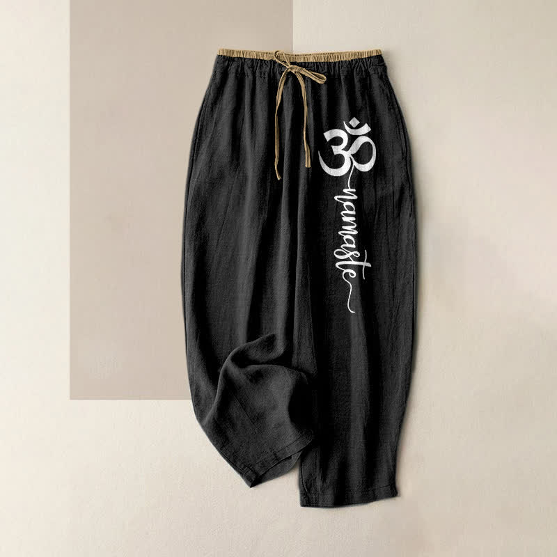 Buddha Stones Pantalon pour femme en pur coton avec motif du symbole Om, taille élastique et poches - Noir - US16，UK/AU20，EU48 (3XL) - image 4