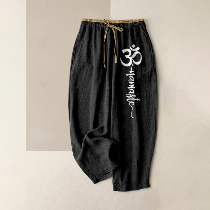 Buddha Stones Pantalon pour femme en pur coton avec motif du symbole Om, taille élastique et poches - Noir - US16，UK/AU20，EU48 (3XL) - image 4