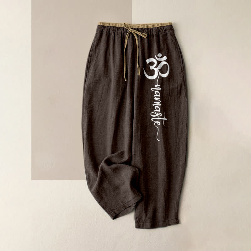 Buddha Stones Pantalon pour femme en pur coton avec motif du symbole Om, taille élastique et poches - SaddleBrown - US16，UK/AU20，EU48 (3XL) - image 0