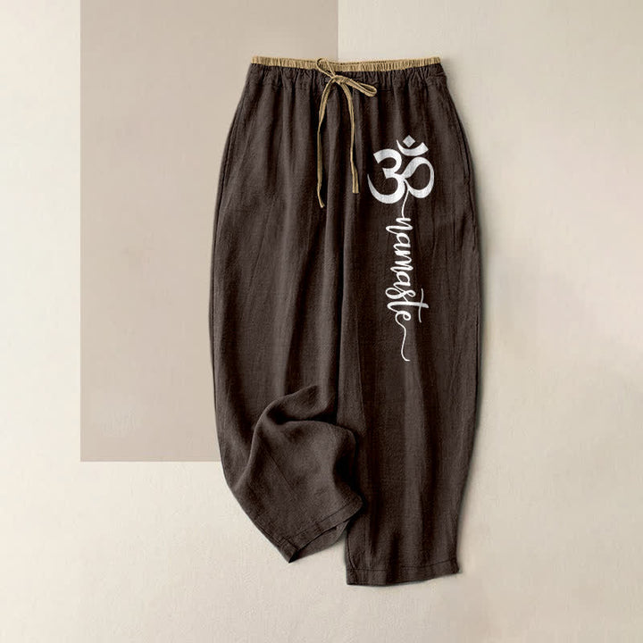 Buddha Stones Pantalon pour femme en pur coton avec motif du symbole Om, taille élastique et poches - SaddleBrown - US16，UK/AU20，EU48 (3XL) - image 0