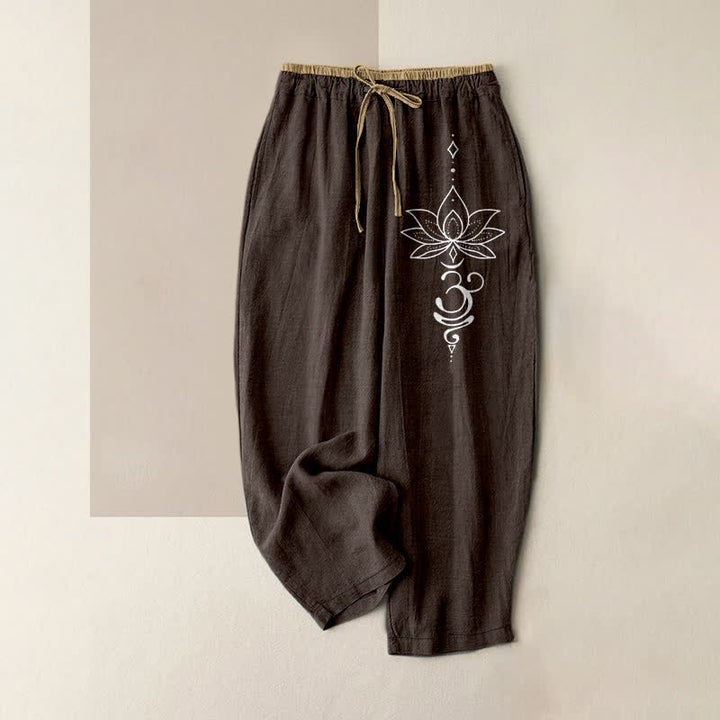 Buddha Stones Pantalon pour femme en pur coton, motif lotus zen om, taille élastique et poches - SaddleBrown - US16，UK/AU20，EU48 (3XL) - image 4