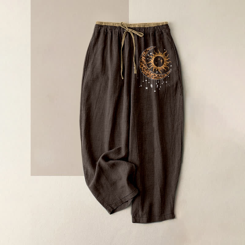 Buddha Stones Pantalon pour femme en pur coton, motif soleil et lune céleste, taille élastique et poches - SaddleBrown - US16，UK/AU20，EU48 (3XL) - image 4