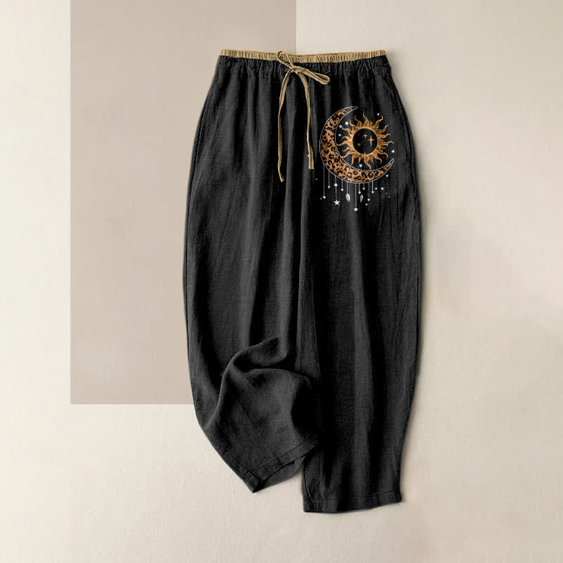Buddha Stones Pantalon pour femme en pur coton, motif soleil et lune céleste, taille élastique et poches - Noir - US16，UK/AU20，EU48 (3XL) - image 0