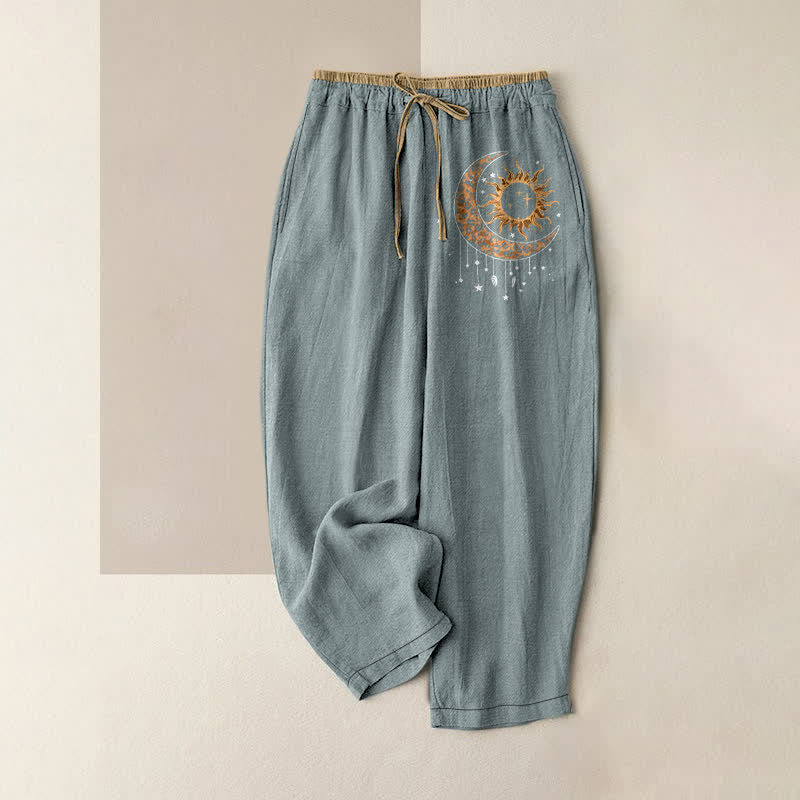 Buddha Stones Pantalon pour femme en pur coton, motif soleil et lune céleste, taille élastique et poches - Bleu clair - US16，UK/AU20，EU48 (3XL) - image 8