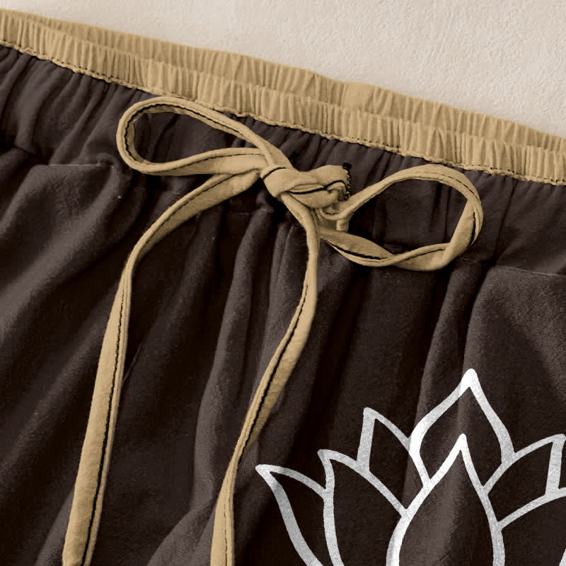 Buddha Stones Pantalon pour femme en pur coton blanc à motif lotus, taille élastique et poches - image 5