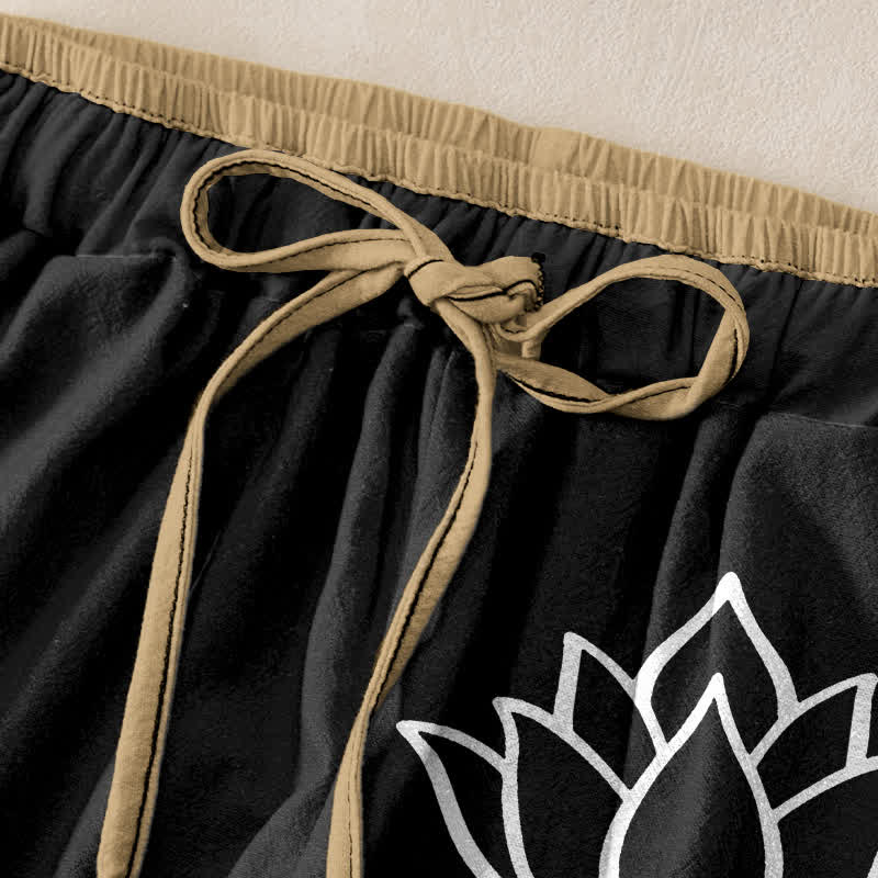 Buddha Stones Pantalon pour femme en pur coton blanc à motif lotus, taille élastique et poches - image 1