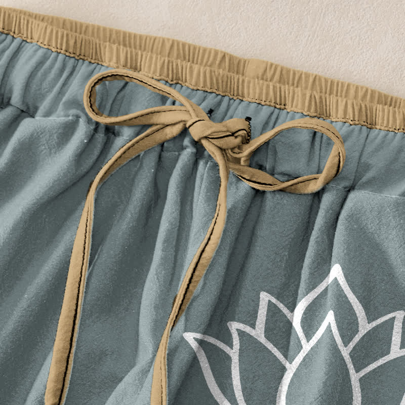 Buddha Stones Pantalon pour femme en pur coton blanc à motif lotus, taille élastique et poches - image 9
