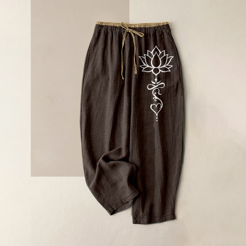 Buddha Stones Pantalon pour femme en pur coton blanc à motif lotus, taille élastique et poches - SaddleBrown - US16，UK/AU20，EU48 (3XL) - image 4