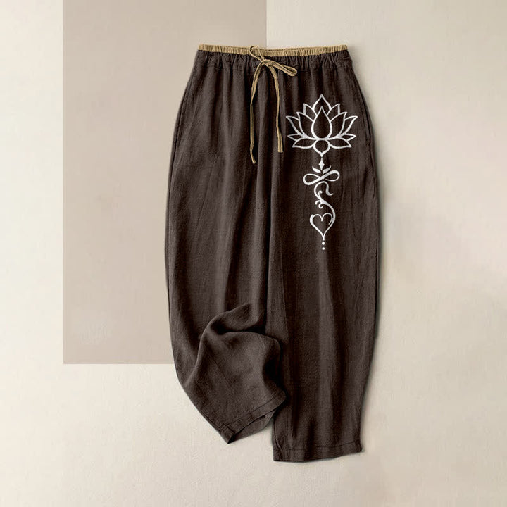 Buddha Stones Pantalon pour femme en pur coton blanc à motif lotus, taille élastique et poches - SaddleBrown - US16，UK/AU20，EU48 (3XL) - image 4
