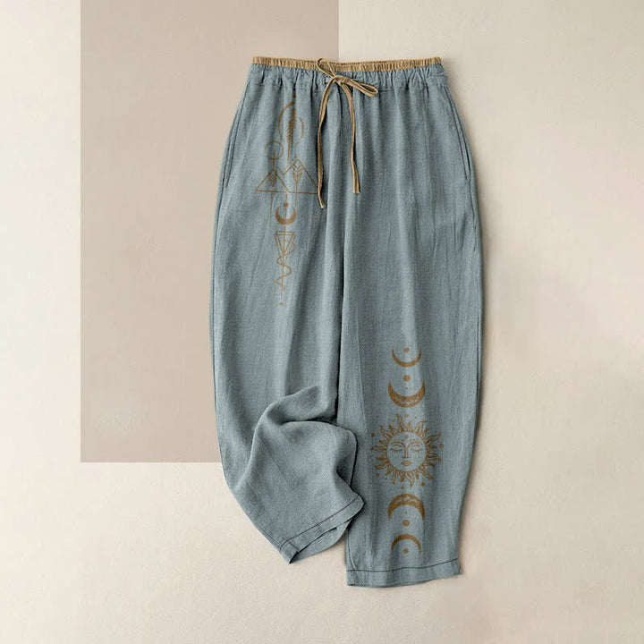 Buddha Stones Pantalon pour femme en pur coton, motif soleil et lune céleste, taille élastique et poches - Bleu clair - US16，UK/AU20，EU48 (3XL) - image 8