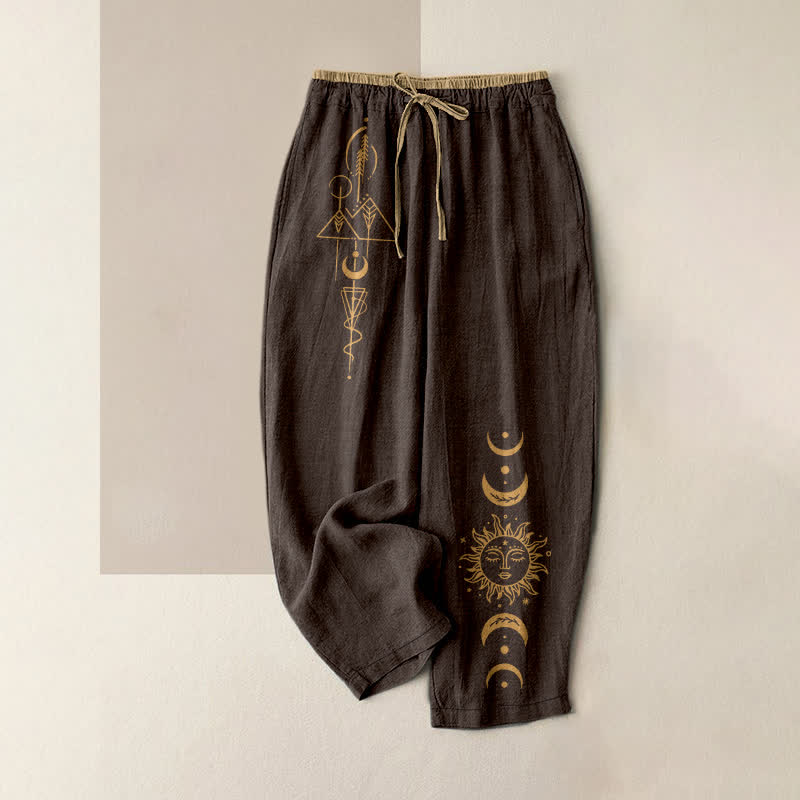 Buddha Stones Pantalon pour femme en pur coton, motif soleil et lune céleste, taille élastique et poches - SaddleBrown - US16，UK/AU20，EU48 (3XL) - image 4