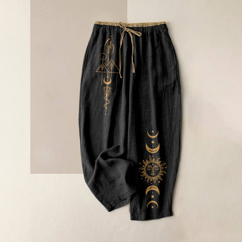 Buddha Stones Pantalon pour femme en pur coton, motif soleil et lune céleste, taille élastique et poches - Noir - US16，UK/AU20，EU48 (3XL) - image 0
