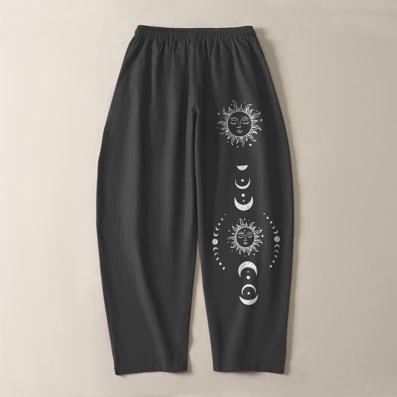 Buddha Stones Pantalon fuselé pour homme en pur coton avec cordon de serrage, motif phases du soleil et de la lune et poches - image 3