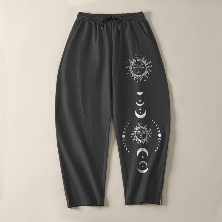 Buddha Stones Pantalon fuselé pour homme en pur coton avec cordon de serrage, motif phases du soleil et de la lune et poches - image 2