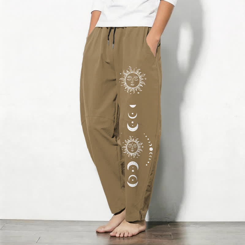 Buddha Stones Pantalon fuselé pour homme en pur coton avec cordon de serrage, motif phases du soleil et de la lune et poches - image 8