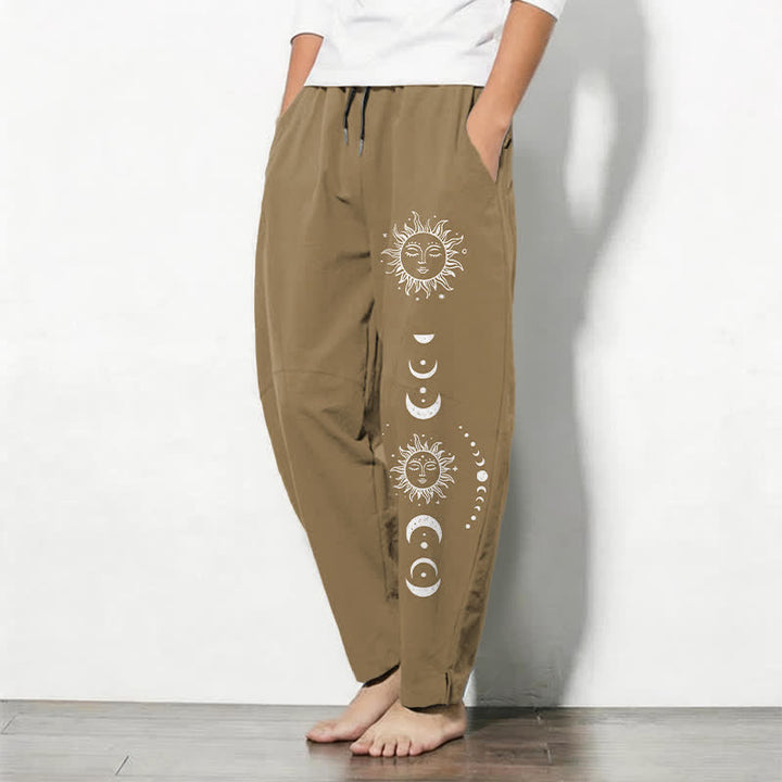 Buddha Stones Pantalon fuselé pour homme en pur coton avec cordon de serrage, motif phases du soleil et de la lune et poches - image 8