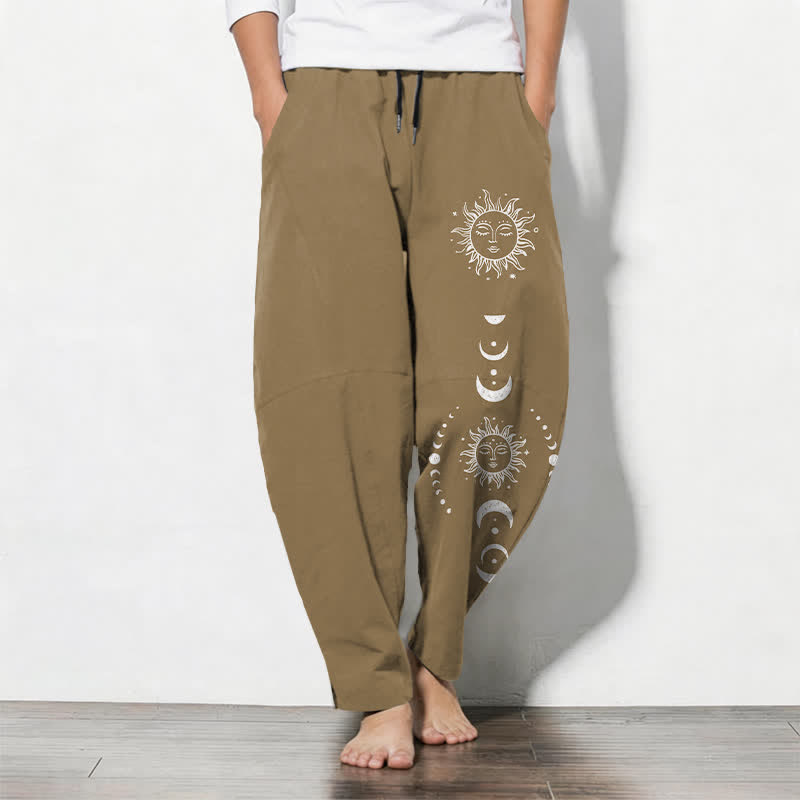 Buddha Stones Pantalon fuselé pour homme en pur coton avec cordon de serrage, motif phases du soleil et de la lune et poches - Pérou - US/UK/AU50，EU60 (5XL) - image 7