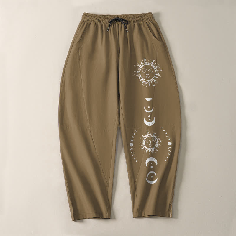 Buddha Stones Pantalon fuselé pour homme en pur coton avec cordon de serrage, motif phases du soleil et de la lune et poches - image 9