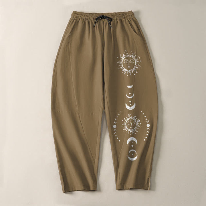 Buddha Stones Pantalon fuselé pour homme en pur coton avec cordon de serrage, motif phases du soleil et de la lune et poches - image 9