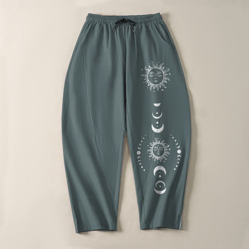 Buddha Stones Pantalon fuselé pour homme en pur coton avec cordon de serrage, motif phases du soleil et de la lune et poches - image 13