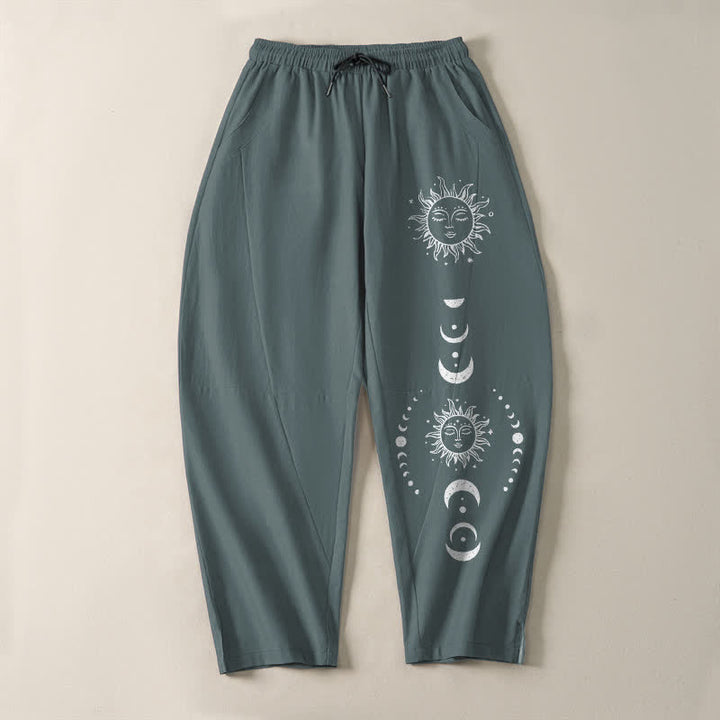 Buddha Stones Pantalon fuselé pour homme en pur coton avec cordon de serrage, motif phases du soleil et de la lune et poches - image 13