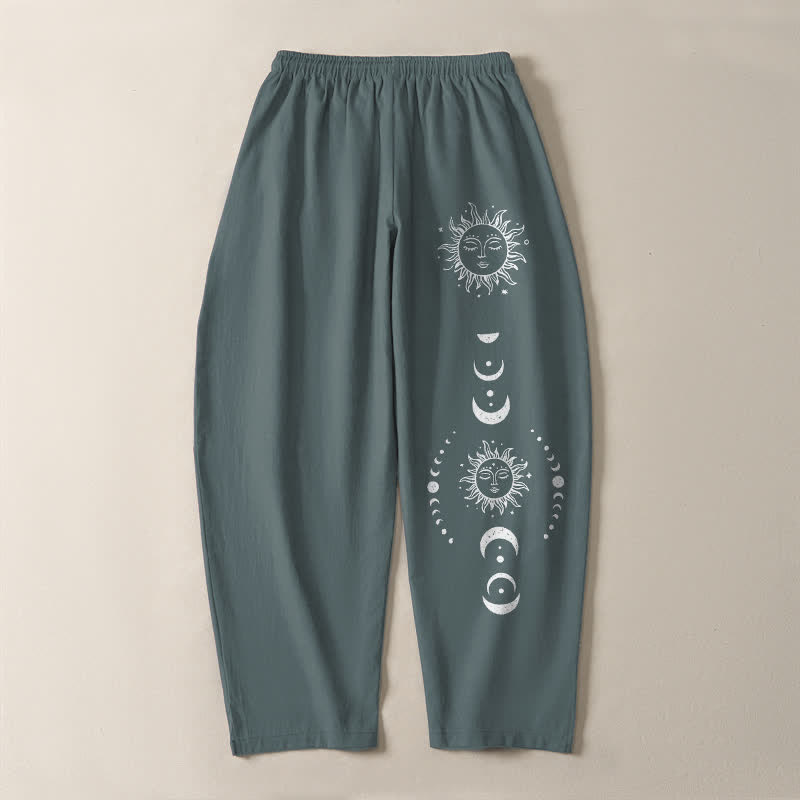 Buddha Stones Pantalon fuselé pour homme en pur coton avec cordon de serrage, motif phases du soleil et de la lune et poches - image 14