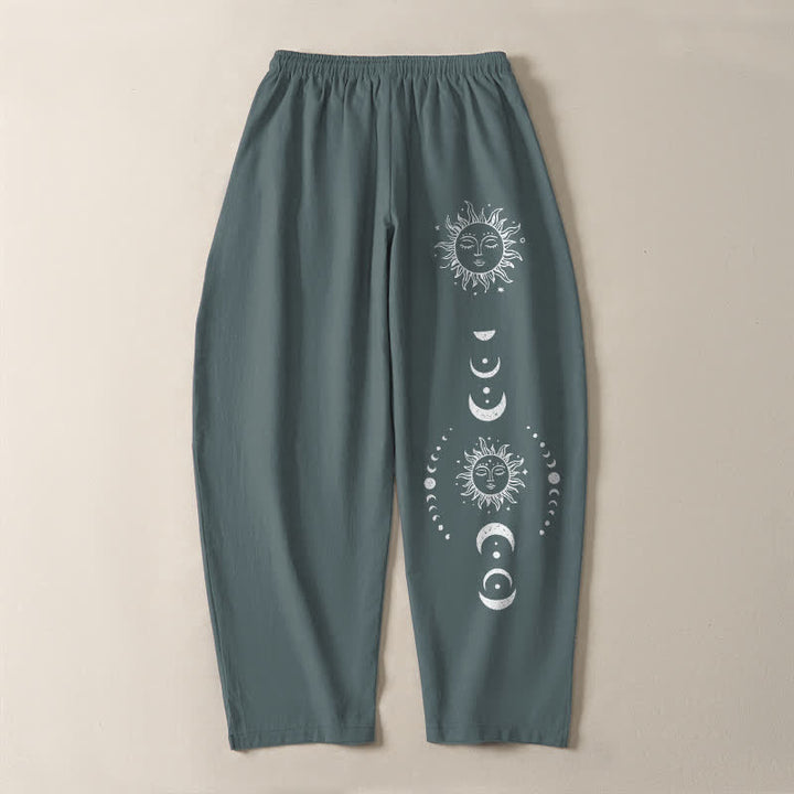 Buddha Stones Pantalon fuselé pour homme en pur coton avec cordon de serrage, motif phases du soleil et de la lune et poches - image 14
