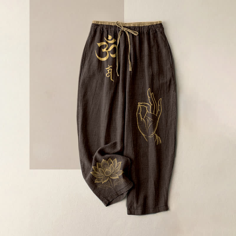 Buddha Stones Pantalon pour femme en pur coton, motif lotus sacré Om, taille élastique et poches - SaddleBrown - US16，UK/AU20，EU48 (3XL) - image 4