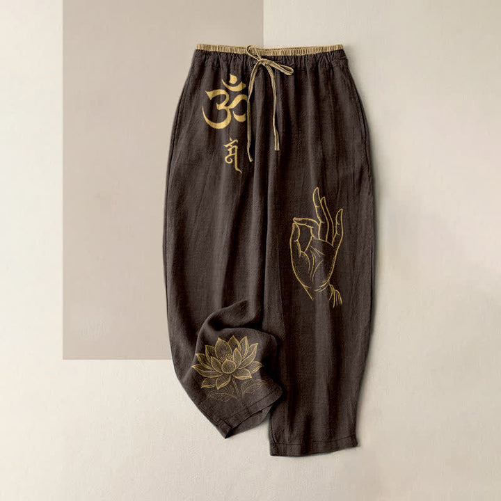 Buddha Stones Pantalon pour femme en pur coton, motif lotus sacré Om, taille élastique et poches - SaddleBrown - US16，UK/AU20，EU48 (3XL) - image 4