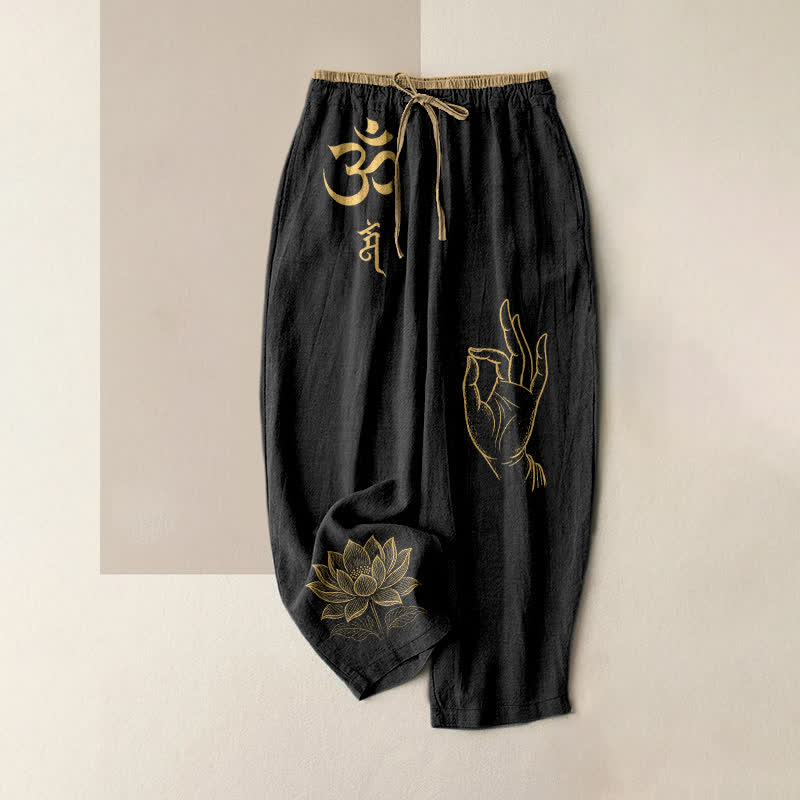 Buddha Stones Pantalon pour femme en pur coton, motif lotus sacré Om, taille élastique et poches - Noir - US16，UK/AU20，EU48 (3XL) - image 0