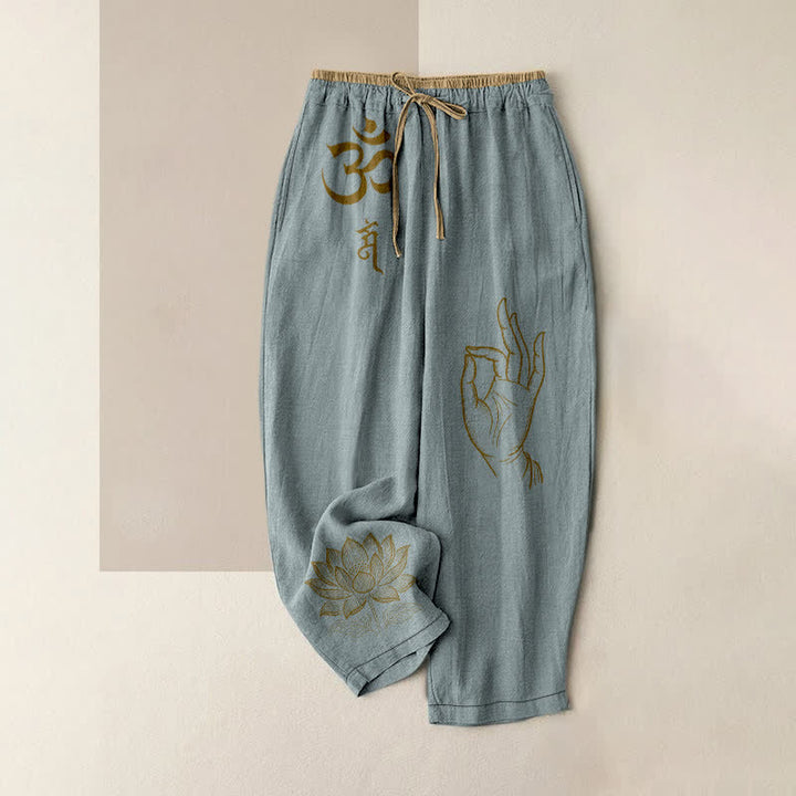 Buddha Stones Pantalon pour femme en pur coton, motif lotus sacré Om, taille élastique et poches - Bleu clair - US16，UK/AU20，EU48 (3XL) - image 8