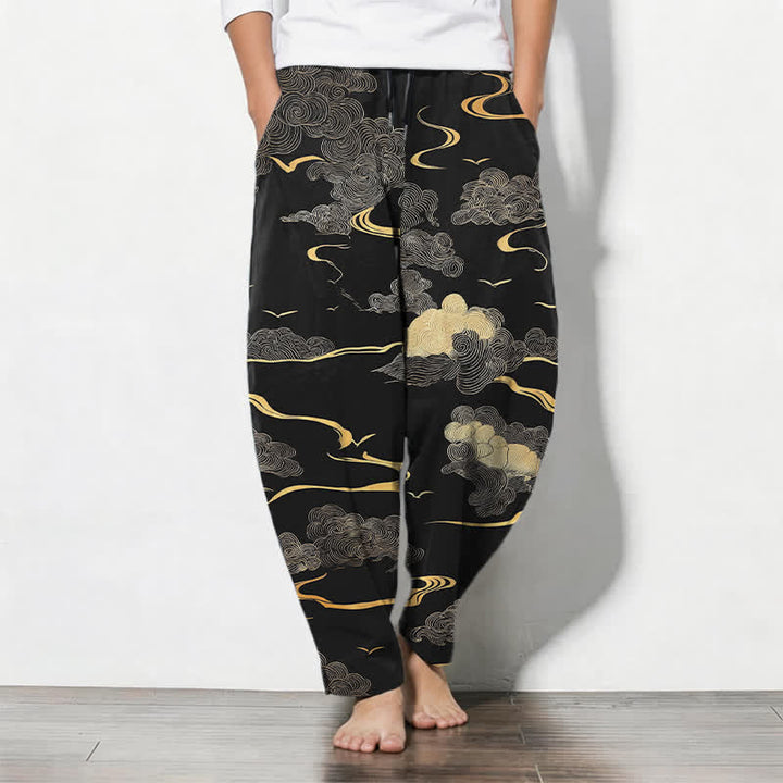 Buddha Stones Pantalon fuselé pour homme en pur coton, motif vague nuage doré, cordon de serrage et poches - Noir - US/UK/AU50，EU60 (5XL) - image 0