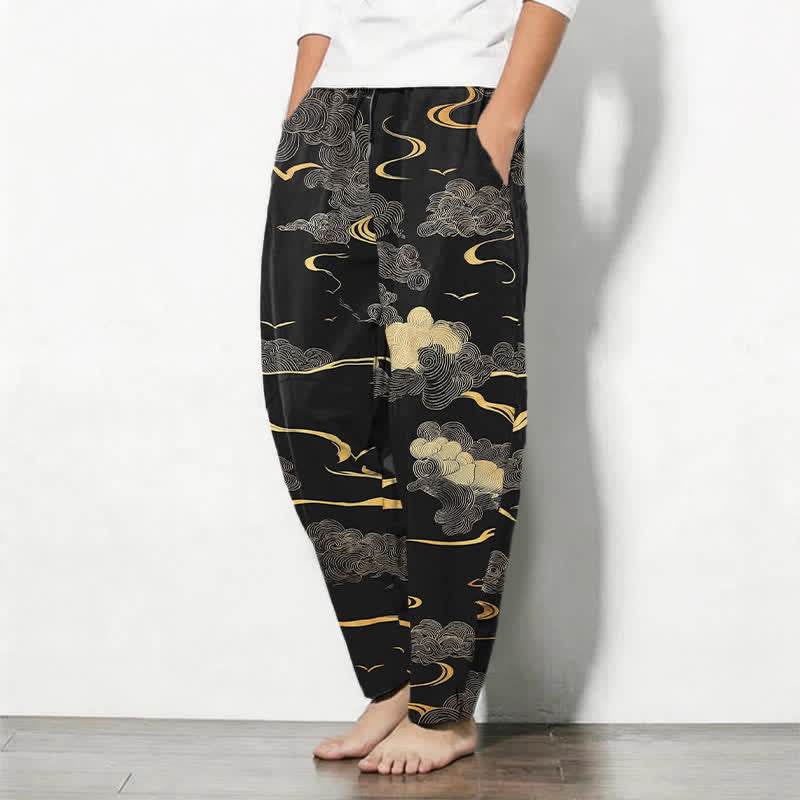 Buddha Stones Pantalon fuselé pour homme en pur coton, motif vague nuage doré, cordon de serrage et poches - image 1