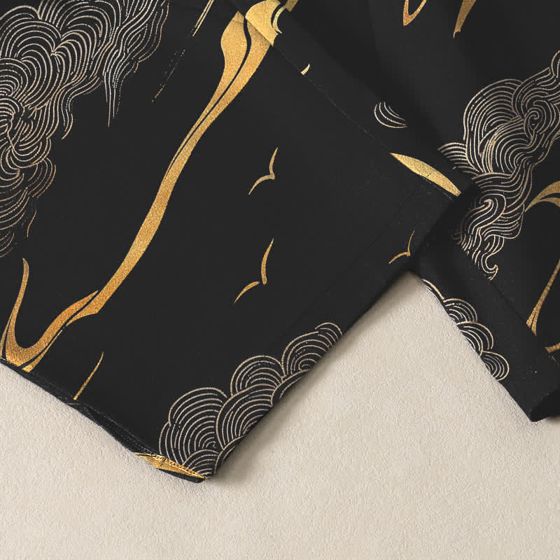 Buddha Stones Pantalon fuselé pour homme en pur coton, motif vague nuage doré, cordon de serrage et poches - image 5