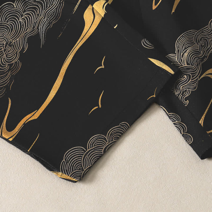 Buddha Stones Pantalon fuselé pour homme en pur coton, motif vague nuage doré, cordon de serrage et poches - image 5