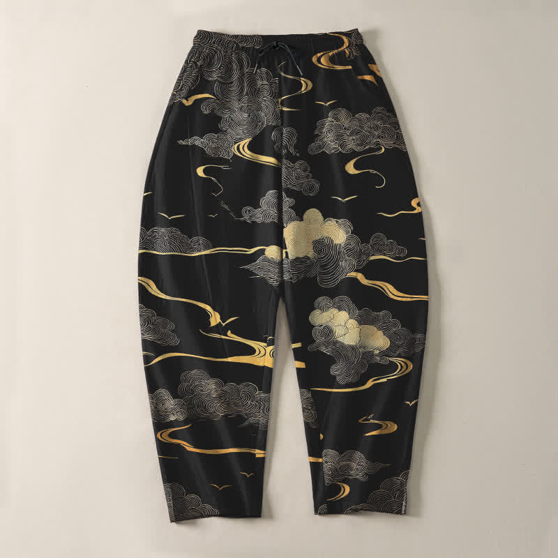 Buddha Stones Pantalon fuselé pour homme en pur coton, motif vague nuage doré, cordon de serrage et poches - image 2