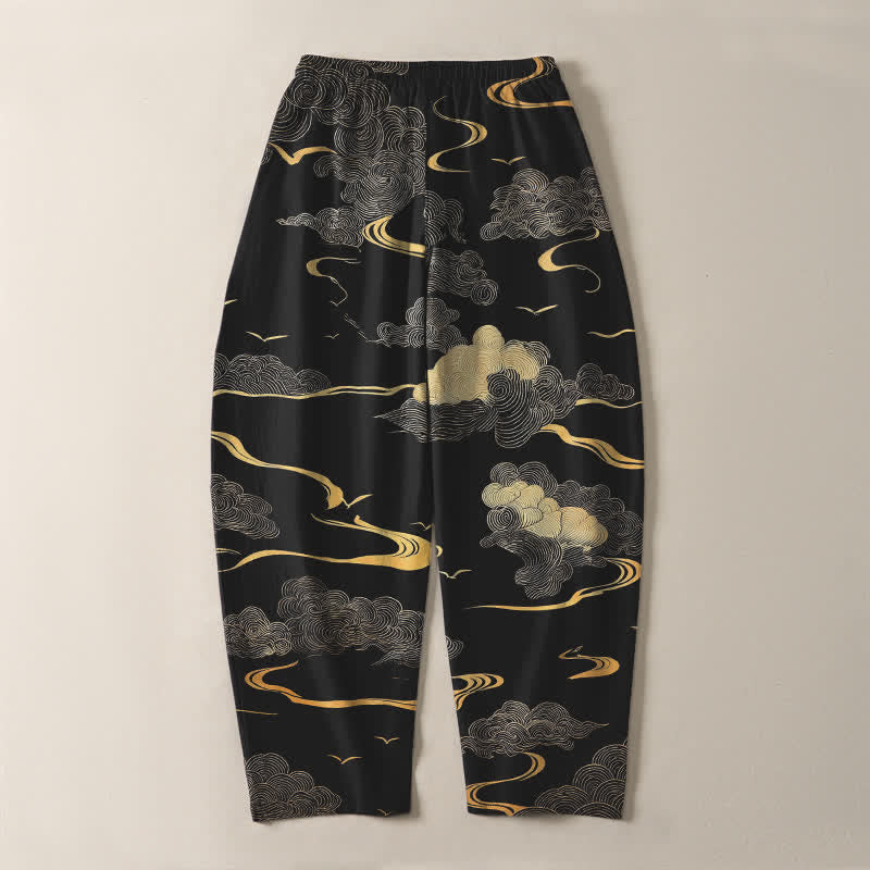 Buddha Stones Pantalon fuselé pour homme en pur coton, motif vague nuage doré, cordon de serrage et poches - image 3