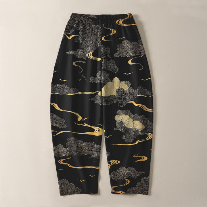 Buddha Stones Pantalon fuselé pour homme en pur coton, motif vague nuage doré, cordon de serrage et poches - image 3