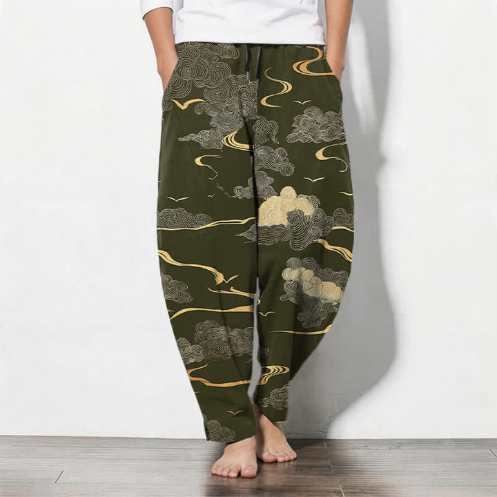 Buddha Stones Pantalon fuselé pour homme en pur coton, motif vague nuage doré, cordon de serrage et poches - Vert olive foncé - US/UK/AU50，EU60 (5XL) - image 7