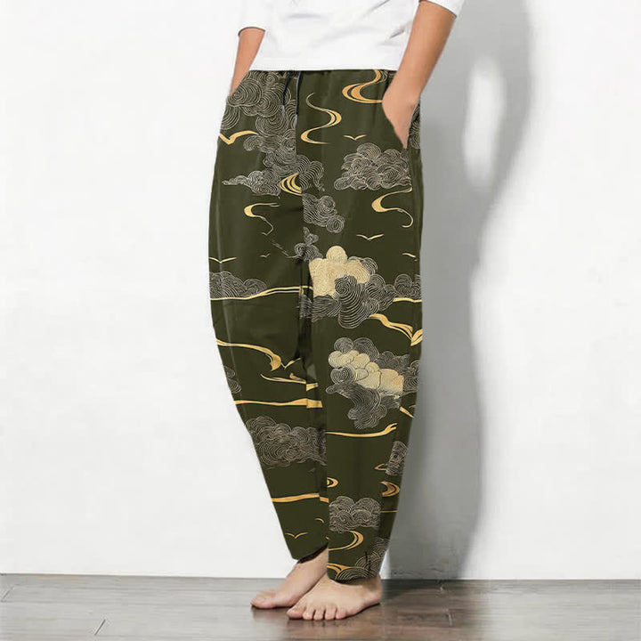 Buddha Stones Pantalon fuselé pour homme en pur coton, motif vague nuage doré, cordon de serrage et poches - image 8