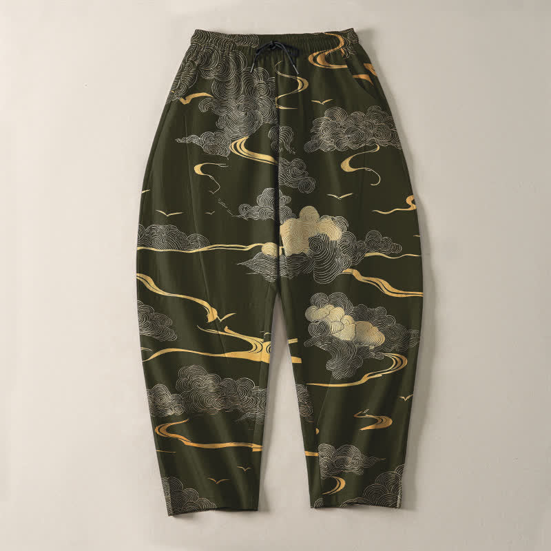 Buddha Stones Pantalon fuselé pour homme en pur coton, motif vague nuage doré, cordon de serrage et poches - image 9