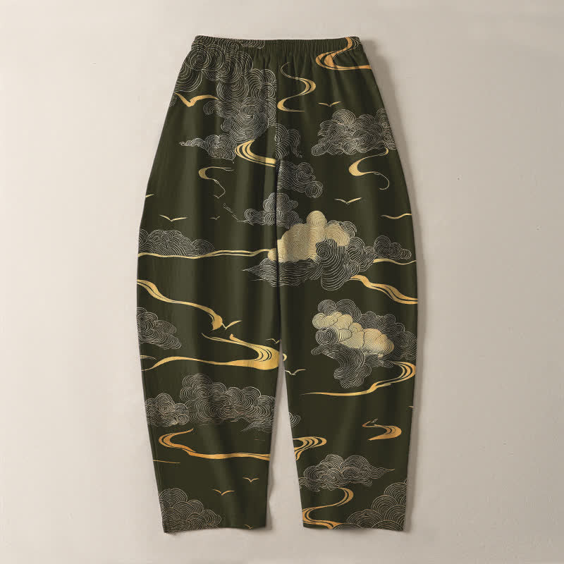 Buddha Stones Pantalon fuselé pour homme en pur coton, motif vague nuage doré, cordon de serrage et poches - image 10