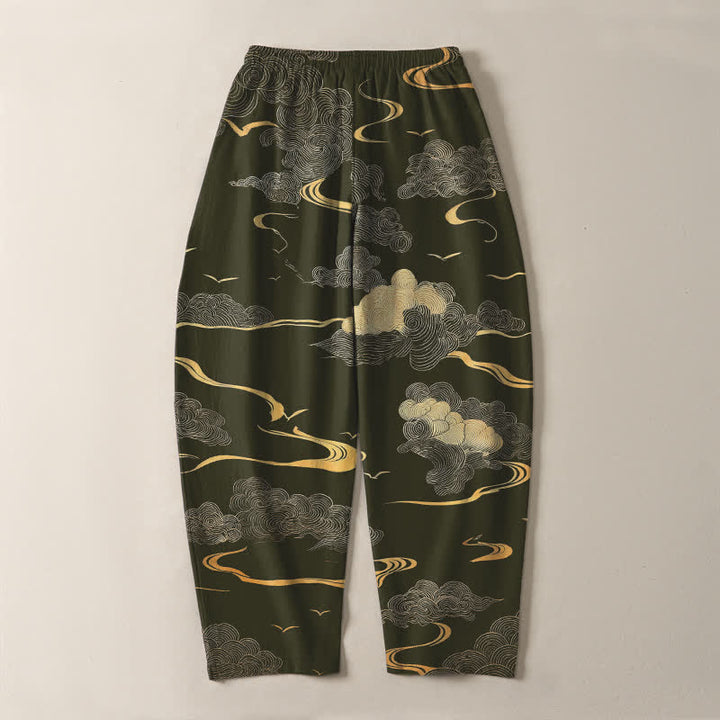 Buddha Stones Pantalon fuselé pour homme en pur coton, motif vague nuage doré, cordon de serrage et poches - image 10