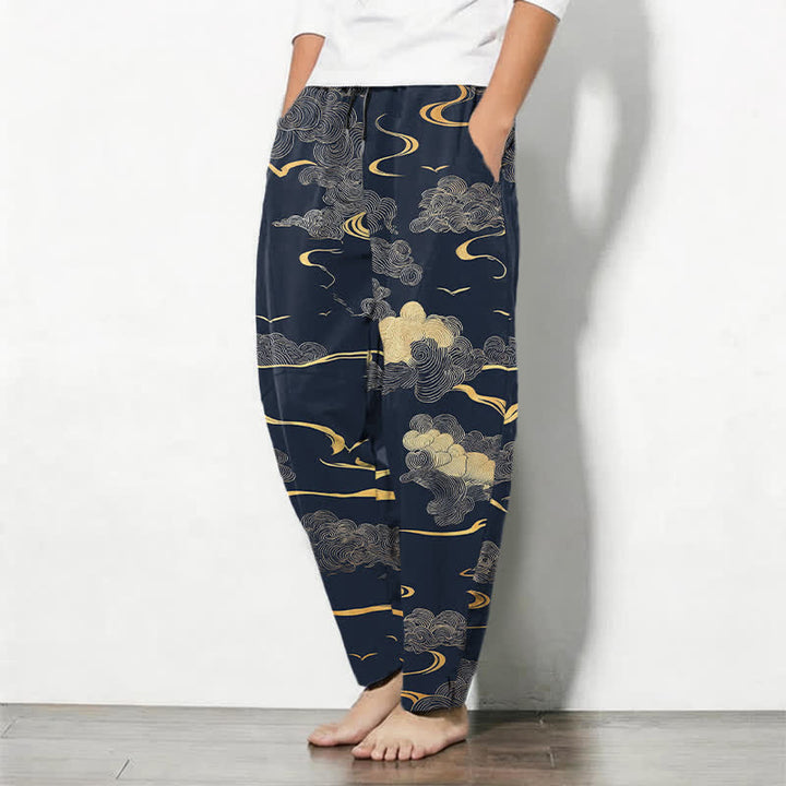 Buddha Stones Pantalon fuselé pour homme en pur coton, motif vague nuage doré, cordon de serrage et poches - image 12
