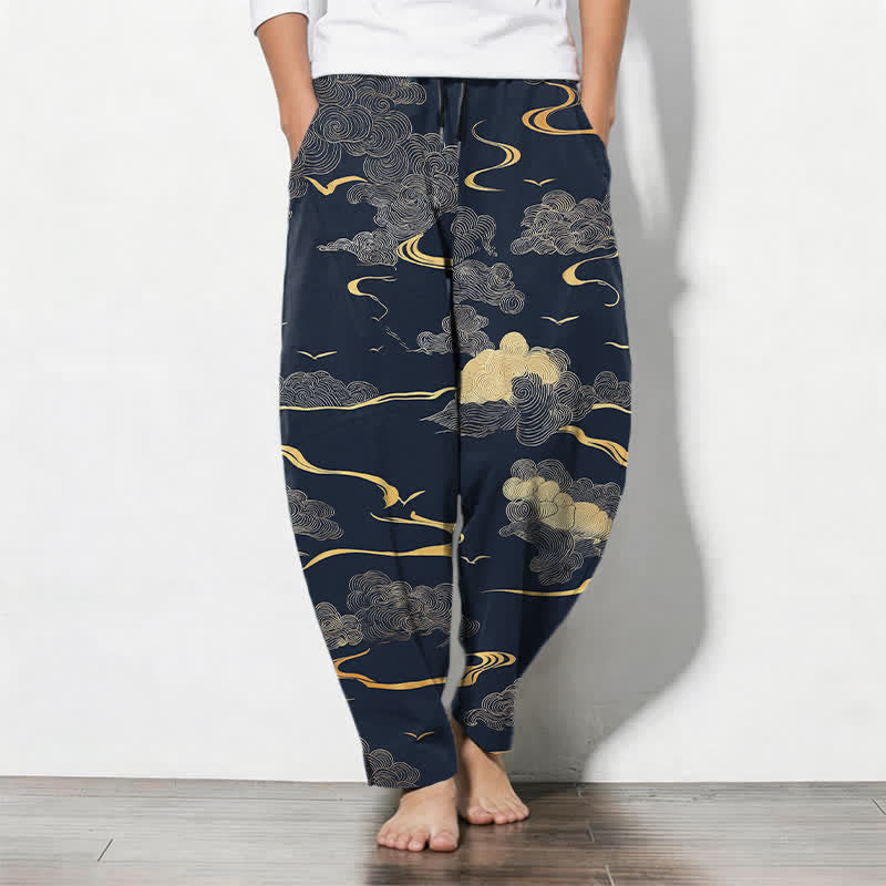 Buddha Stones Pantalon fuselé pour homme en pur coton, motif vague nuage doré, cordon de serrage et poches - Marine - US/UK/AU50，EU60 (5XL) - image 11